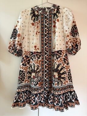 Farm Rio Flower Fan Tapestry off-white Mini Dress NWT $230 size S MISSING BELT